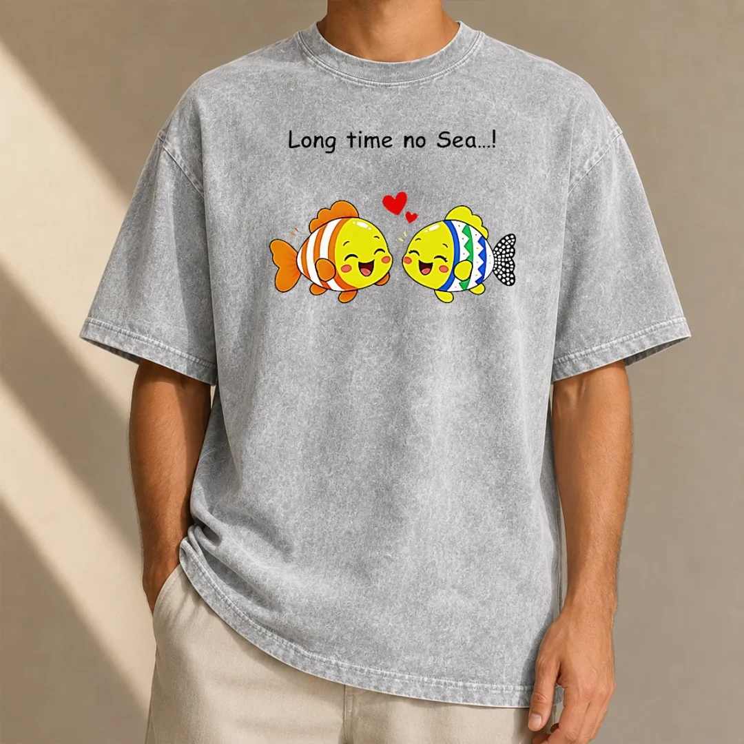 funny-official-cute-fish-couple-long-time-no-sea-pun-cartoon-illustration-animal-washed-t-shirt Funny Official Cute Fish Couple Long Time No Sea Pun Cartoon Illustration Animal Washed T-Shirt