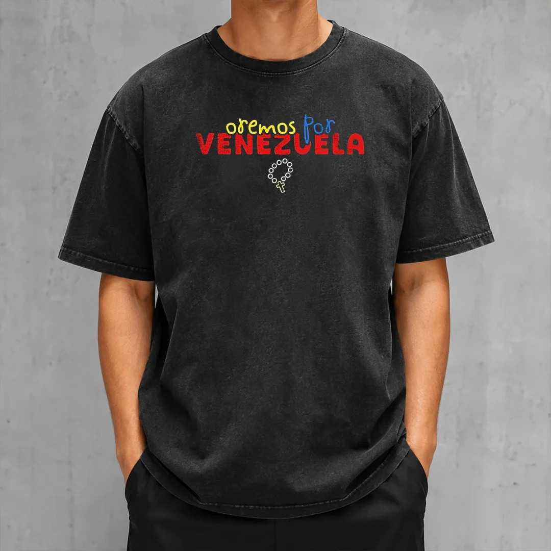 funny-oremos-por-venezuela-religious-rosary-washed-t-shirt Funny Oremos Por Venezuela Religious Rosary printed on a soft washed t shirt in light grey