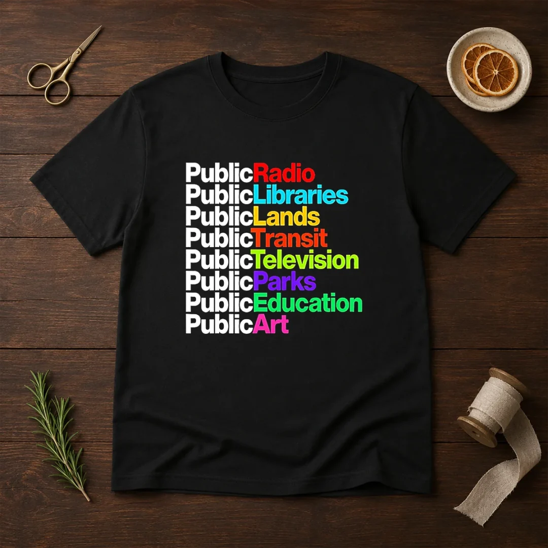 funny-public-radio-libraries-lands-transit-television-parks-education-art-t-shirt-1 Funny Public Radio Libraries Lands Transit Television Parks Education Art graphic on a classic white short sleeve t shirt