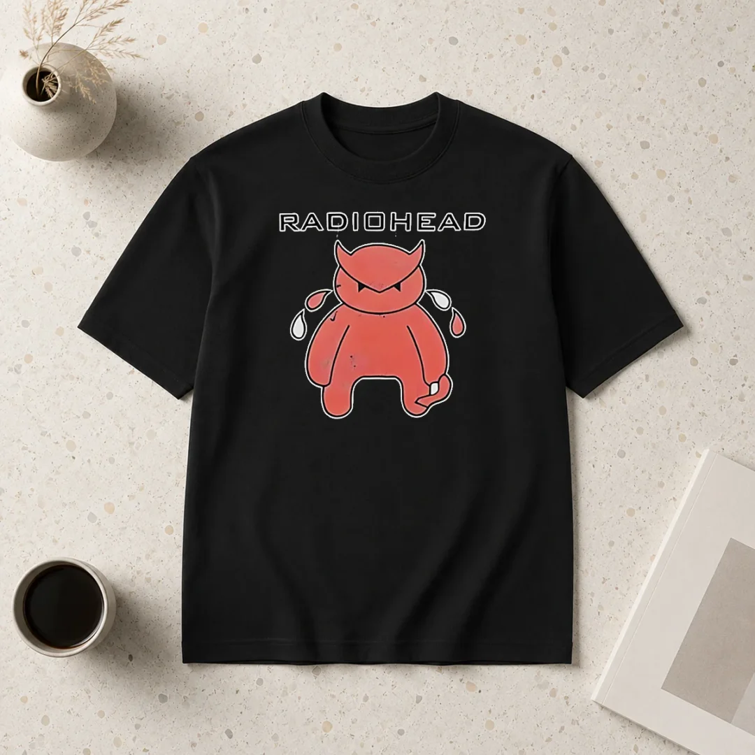 funny-radiohead-distressed-crying-devil-character-t-shirt Funny Radiohead Distressed Crying Devil Character t shirt in classic black with detailed distressed graphic