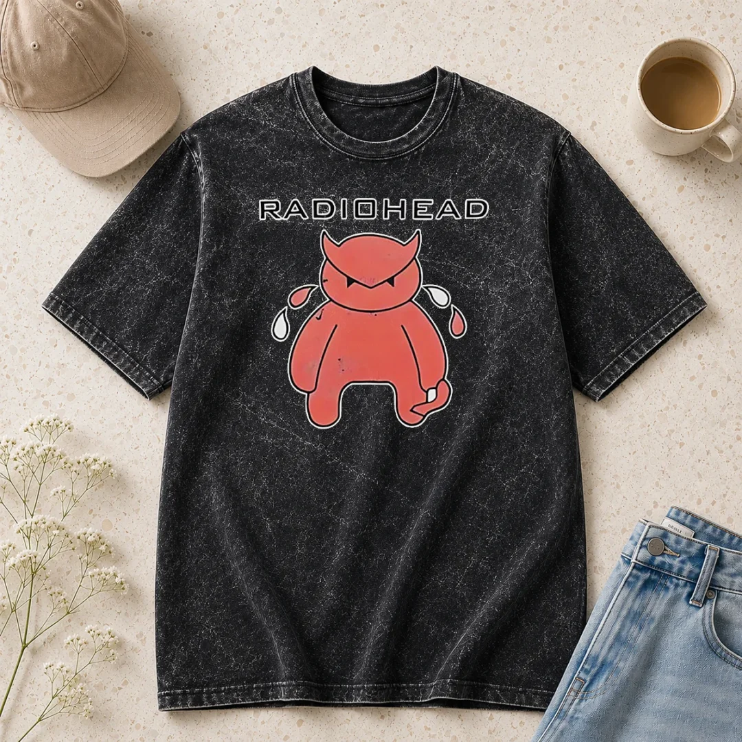 funny-radiohead-distressed-crying-devil-character-washed-t-shirt Funny Radiohead Distressed Crying Devil Character printed on a soft washed t shirt in faded black