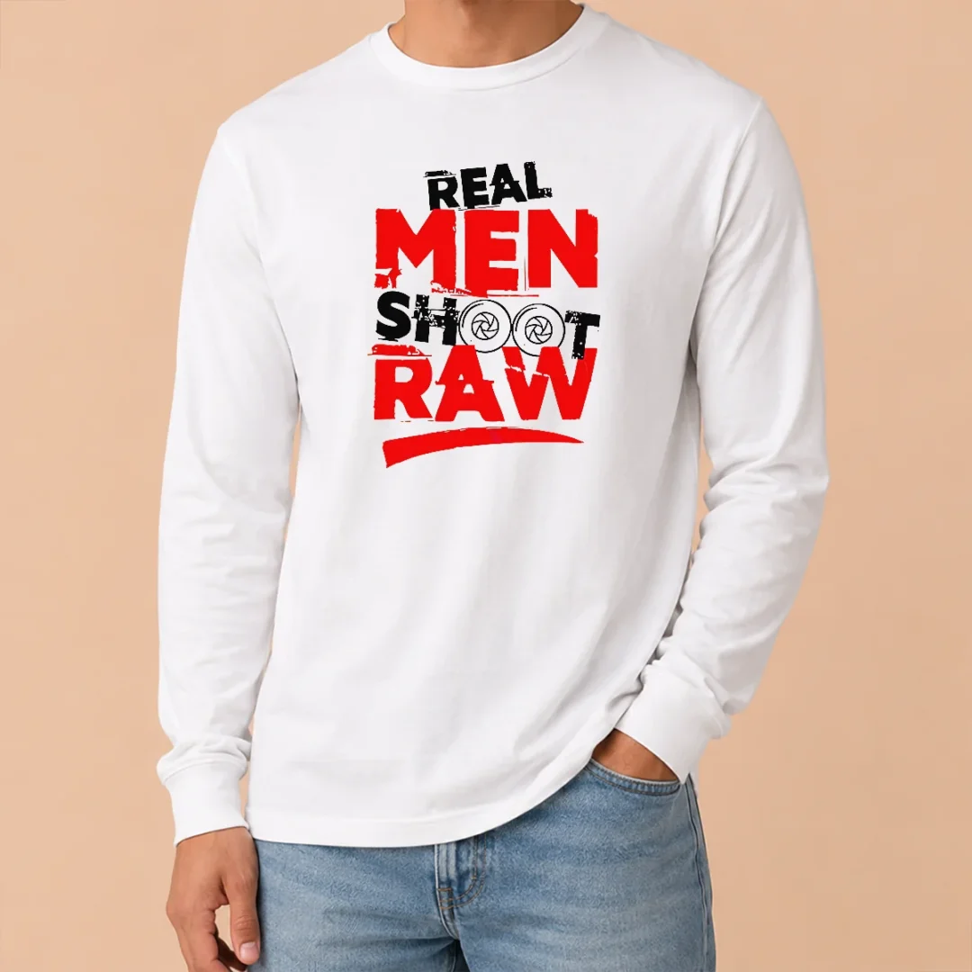 Funny Real Men Shoot Raw Photography Camera Shutter Aperture Long Sleeve Shirt Funny Real Men Shoot Raw Photography Camera Shutter Aperture long sleeve shirt in black, front view