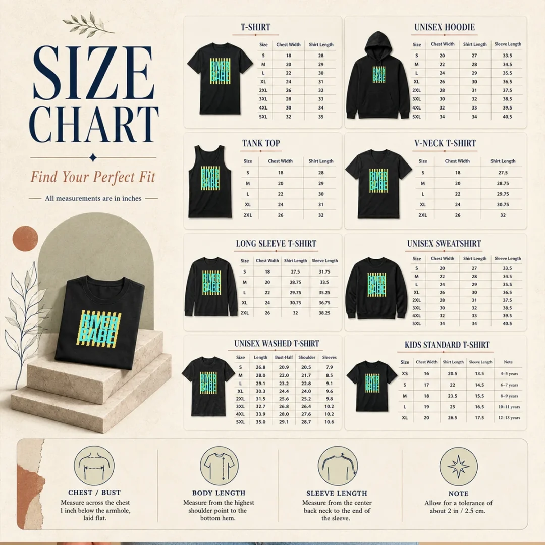 funny-river-babe-retro-stripes-sunshine-size-chart Size chart for Funny River Babe Retro Stripes Sunshine with measurements in inches and cm