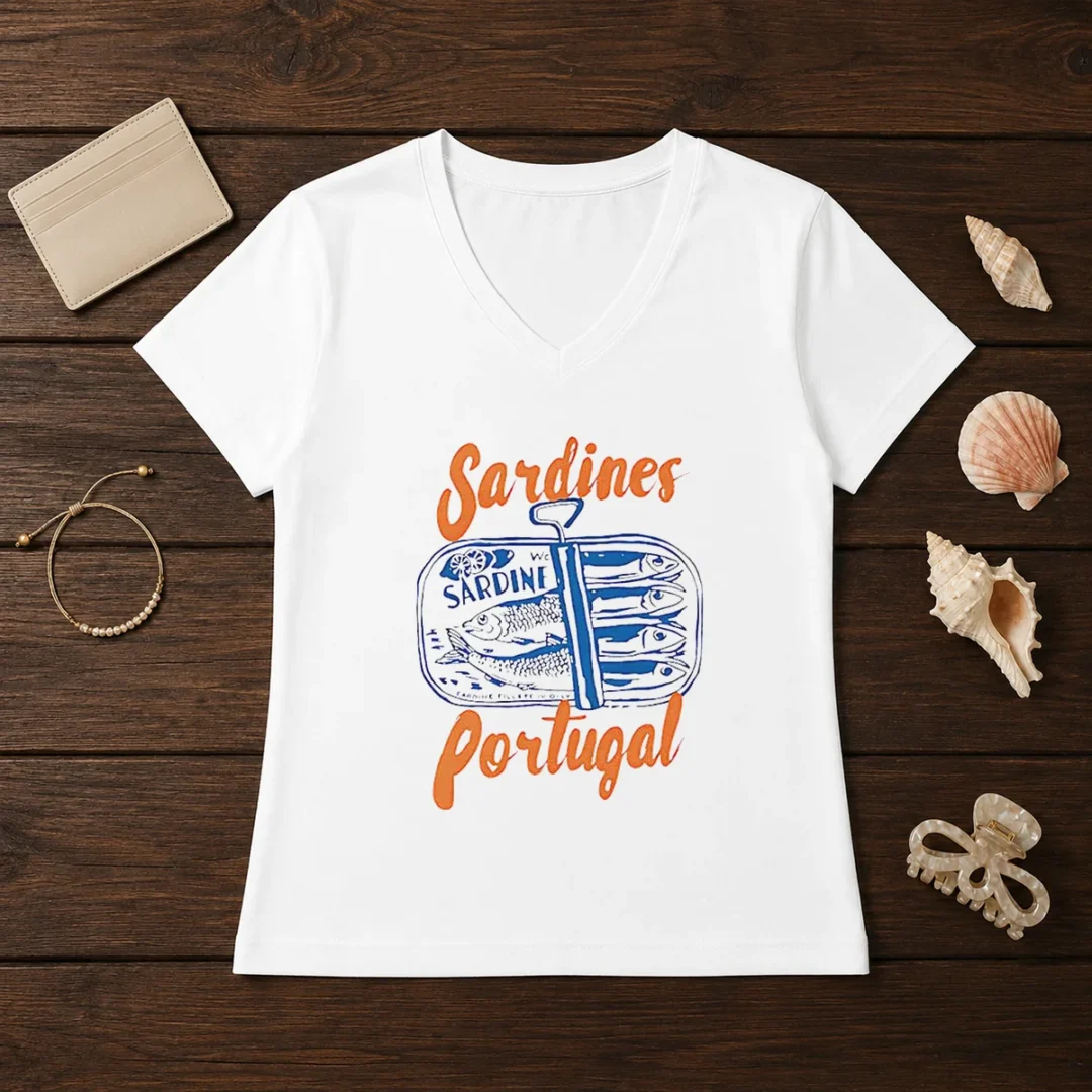 funny-sardines-portugal-sardine-sardine-fillete-in-oily-v-neck-shirt Funny Sardines Portugal Sardine Sardine Fillete In Oily V Neck Shirt showing front view on a casual fit garment