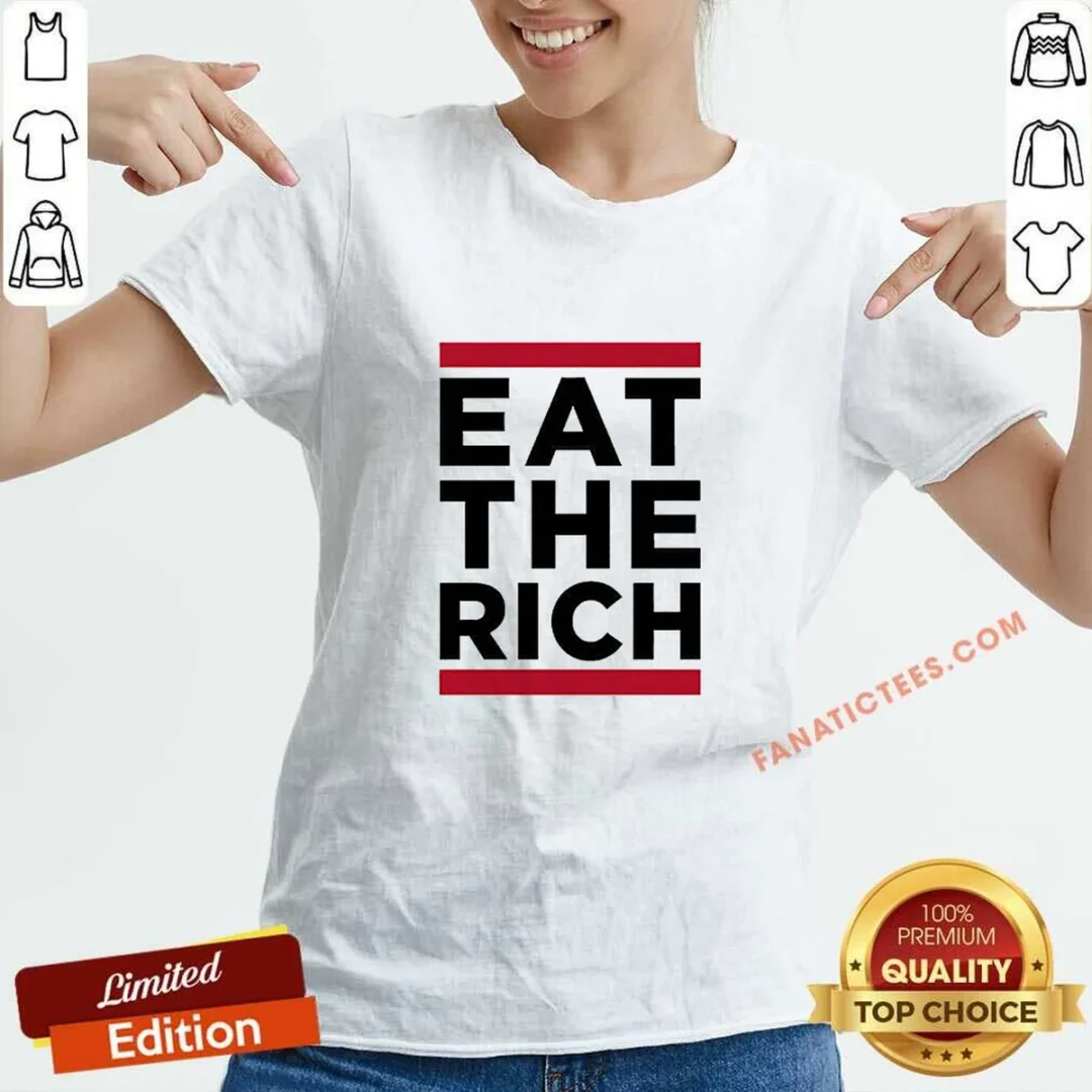 funny-shawn-fain-eat-the-rich-v-neck-shirt Funny Shawn Fain Eat The Rich V Neck Shirt in black with bold white text graphic on front
