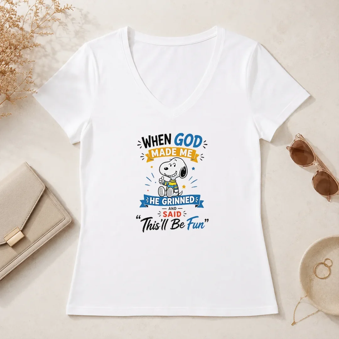 Funny Snoopy Peanuts When God Made Me He Grinned And Said Thisll Be Fun V Neck Shirt Funny Snoopy Peanuts When God Made Me He Grinned And Said Thisll Be Fun V-Neck Shirt