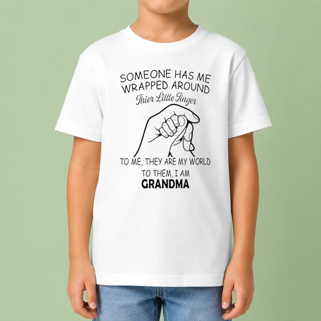 funny-someone-has-me-wrapped-around-their-little-finger-grandma-kids-t-shirt-1 Funny Someone Has Me Wrapped Around Their Little Finger Grandma Kids T Shirt in bright colors, short sleeves, and comfortable fit for children