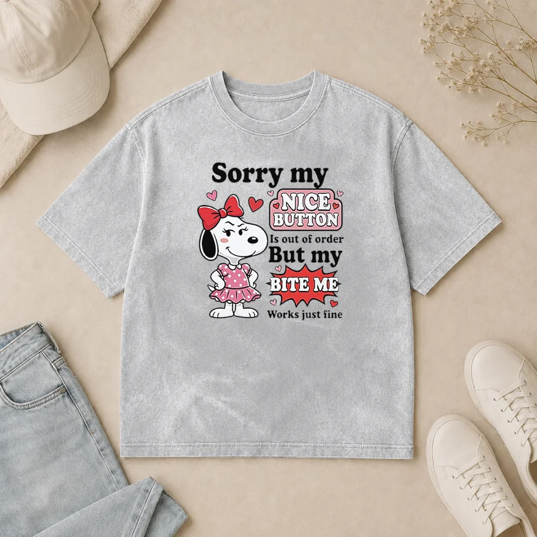 Funny Sorry My Nice Button Out Of Order But My Bite Me Works Just Fine Washed T Shirt Funny Sorry My Nice Button Out Of Order But My Bite Me Works Just Fine printed on a soft washed t shirt in light gray