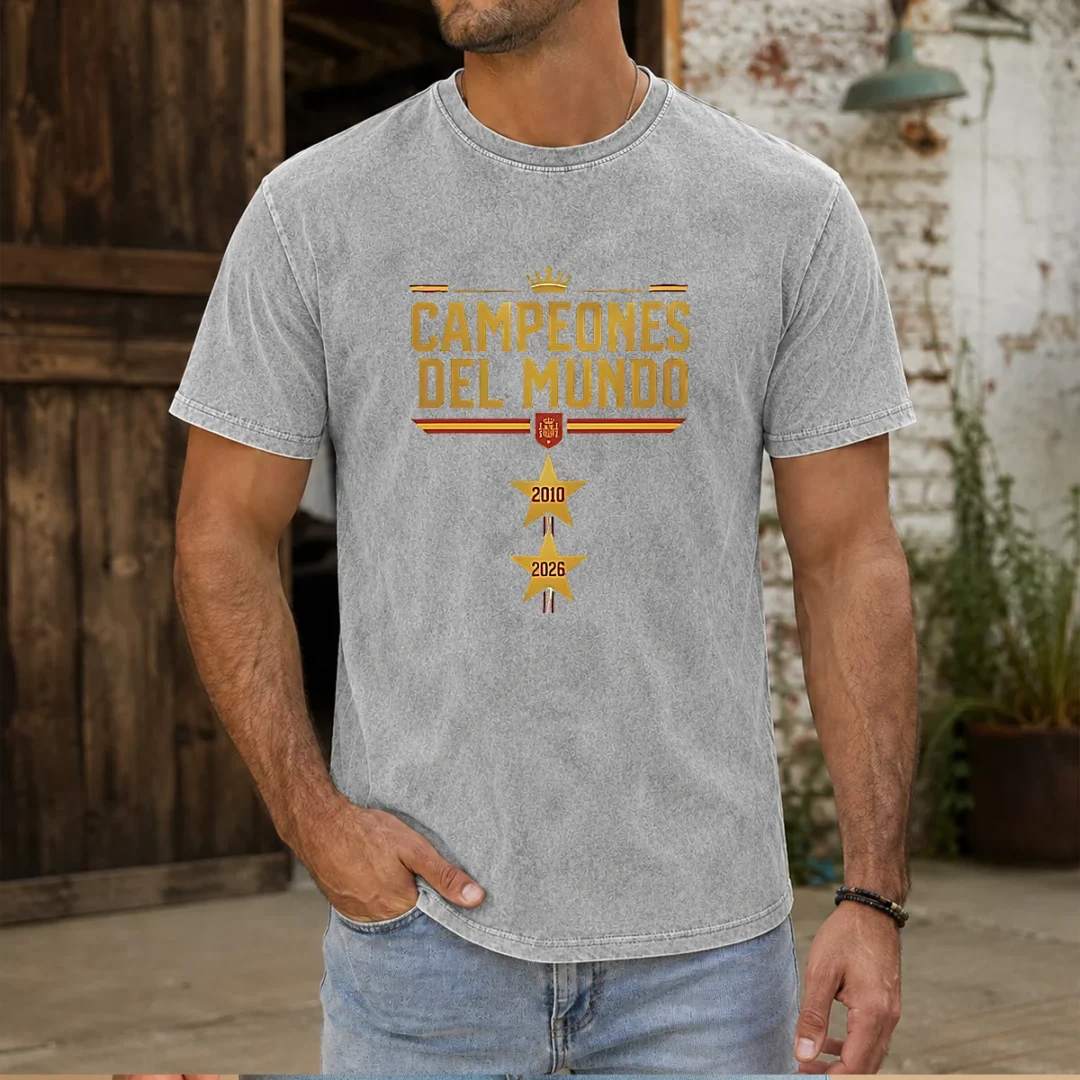funny-spain-world-champions-2026-2-stars-washed-t-shirt Funny Spain World Champions 2026 2 Stars washed t shirt in soft fabric with vintage look