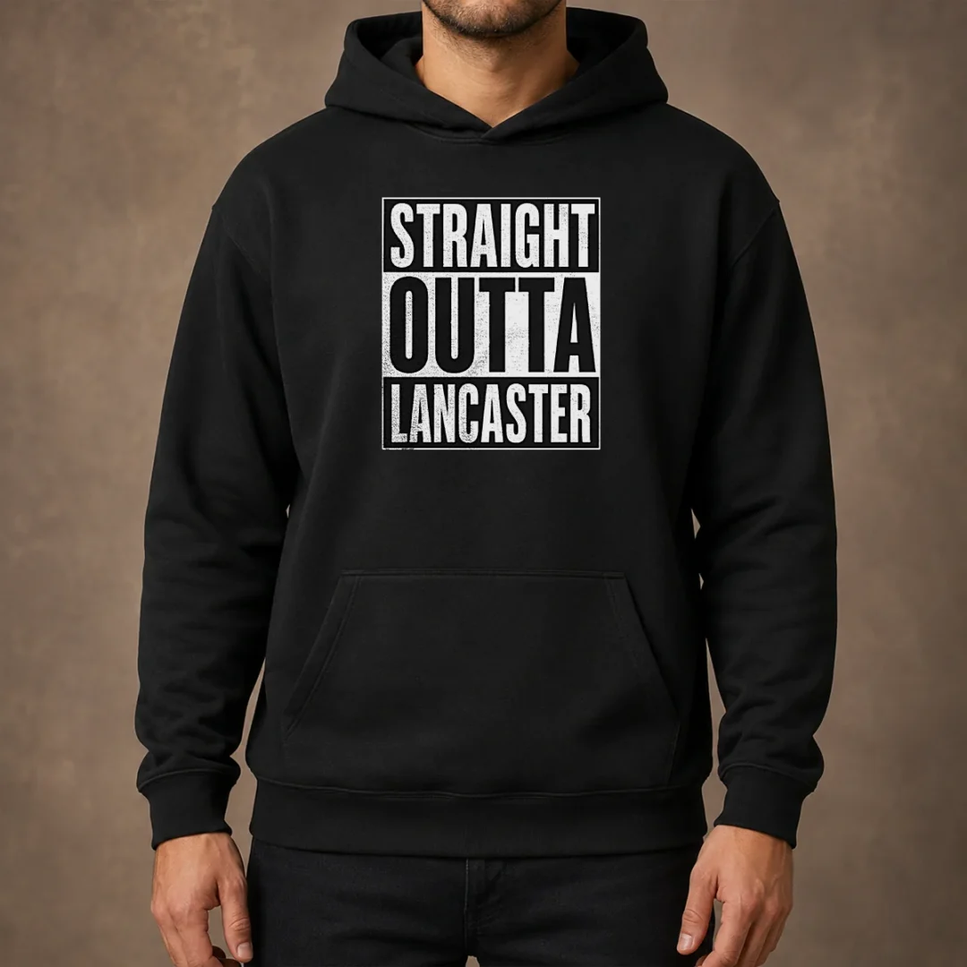 funny-straight-outta-lancaster-hoodie Funny Straight Outta Lancaster Hoodie displayed on a black pullover with front pocket and hood