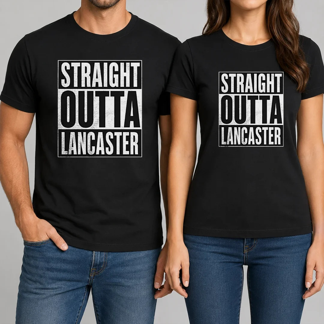 funny-straight-outta-lancaster-t-shirt-1 Funny Straight Outta Lancaster t shirt in white with bold black text on front, crew neck short sleeve cotton tee