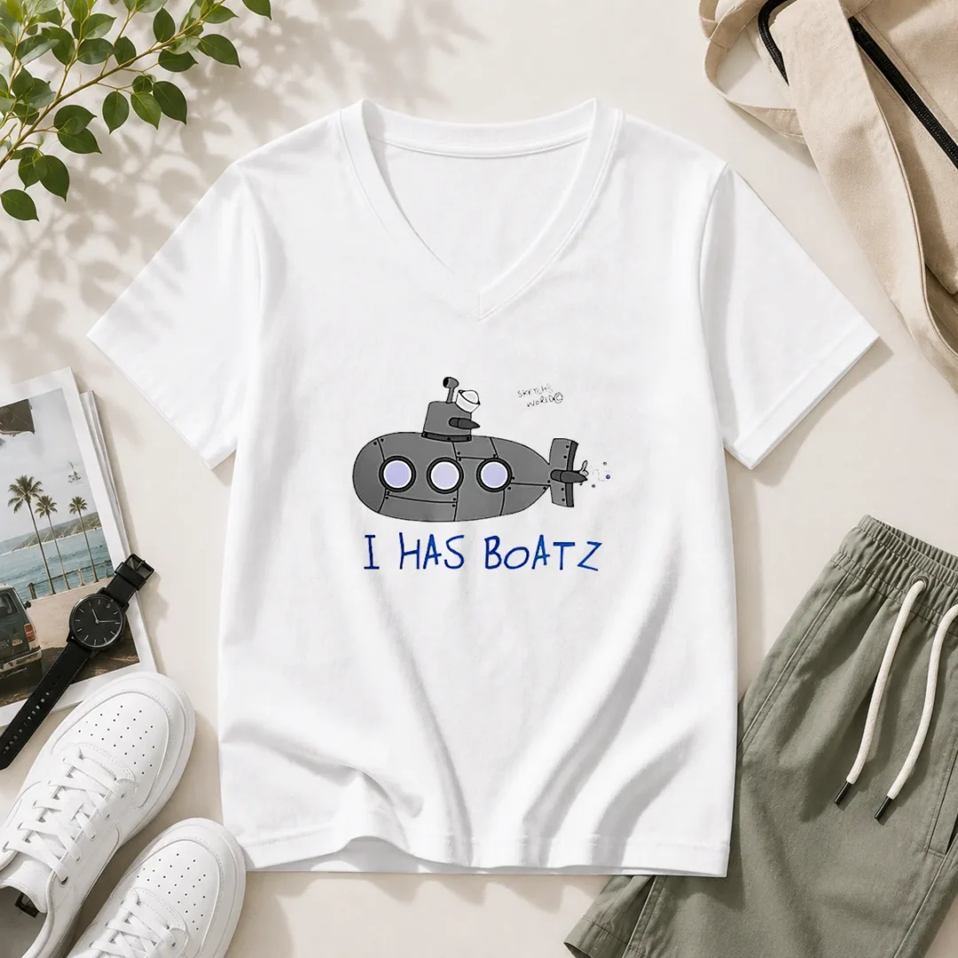 funny-submarine-i-has-boatz-cartoon-meme-v-neck-shirt Funny Submarine I Has Boatz Cartoon Meme V Neck Shirt showing playful submarine graphic on a casual V neck tee