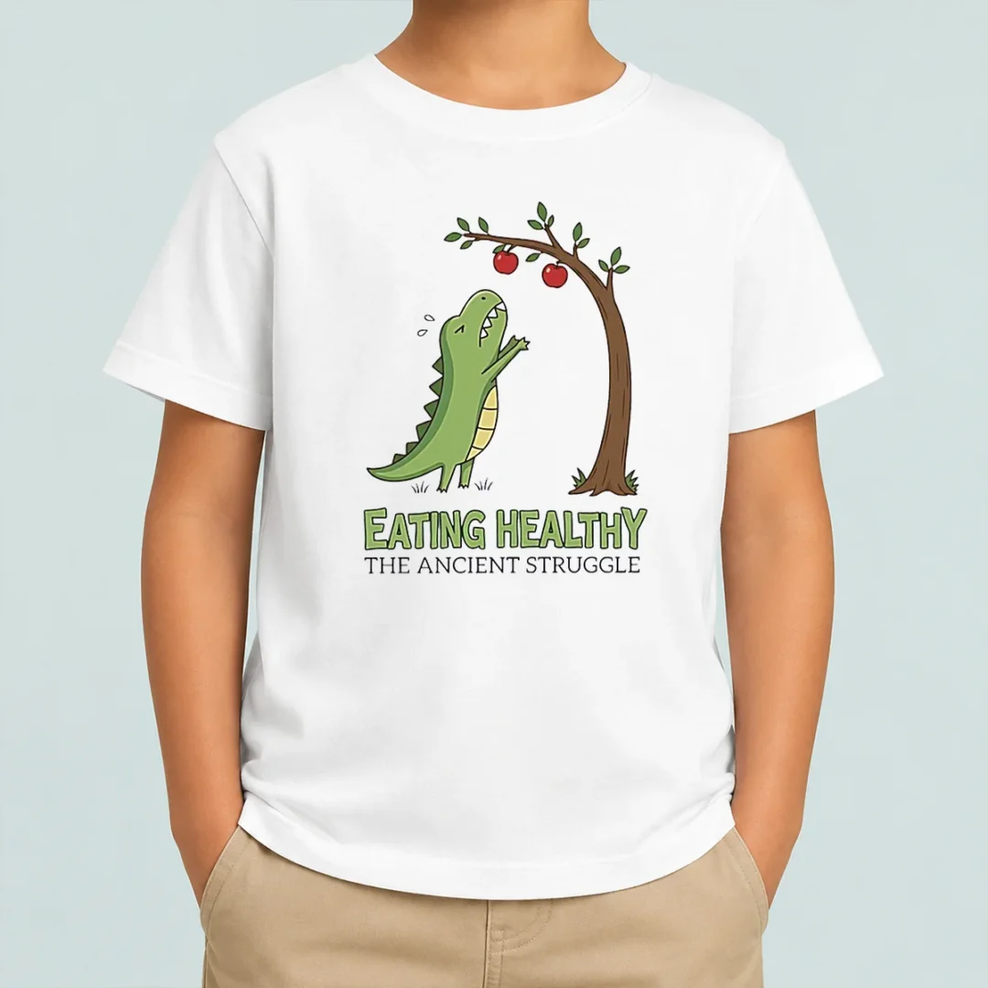 funny-t-rex-eating-healthy-the-ancient-struggle-kids-t-shirt Funny T Rex Eating Healthy The Ancient Struggle Kids T-Shirt