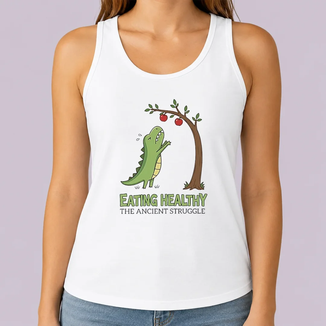 funny-t-rex-eating-healthy-the-ancient-struggle-tank-top Funny T Rex Eating Healthy The Ancient Struggle Tank Top