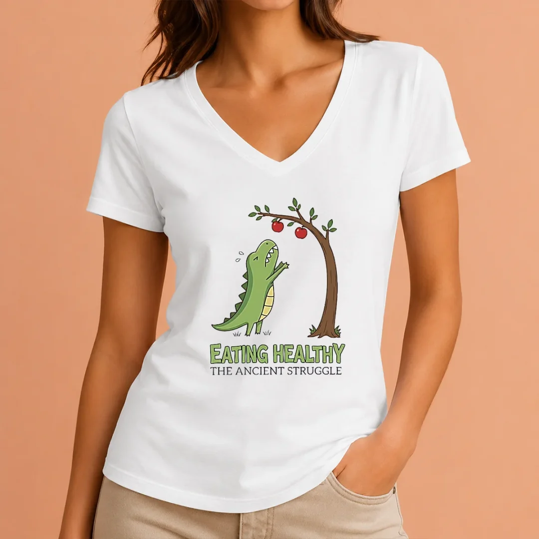 funny-t-rex-eating-healthy-the-ancient-struggle-v-neck-shirt Funny T Rex Eating Healthy The Ancient Struggle V-Neck Shirt