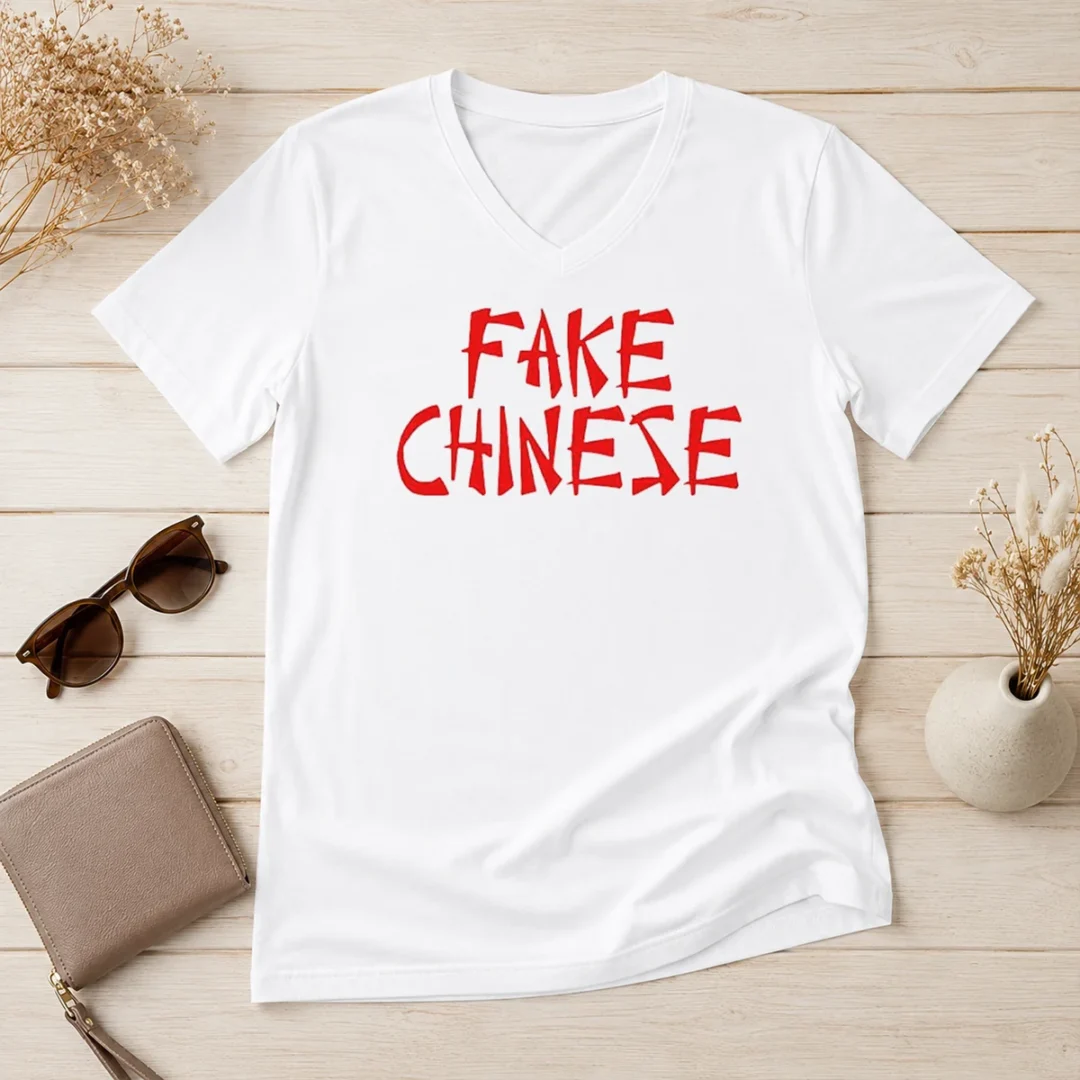 funny-top-fake-chinese-typography-statement-expression-parody-v-neck-shirt Funny Top Fake Chinese Typography Statement Expression Parody V Neck Shirt with short sleeves and casual fit