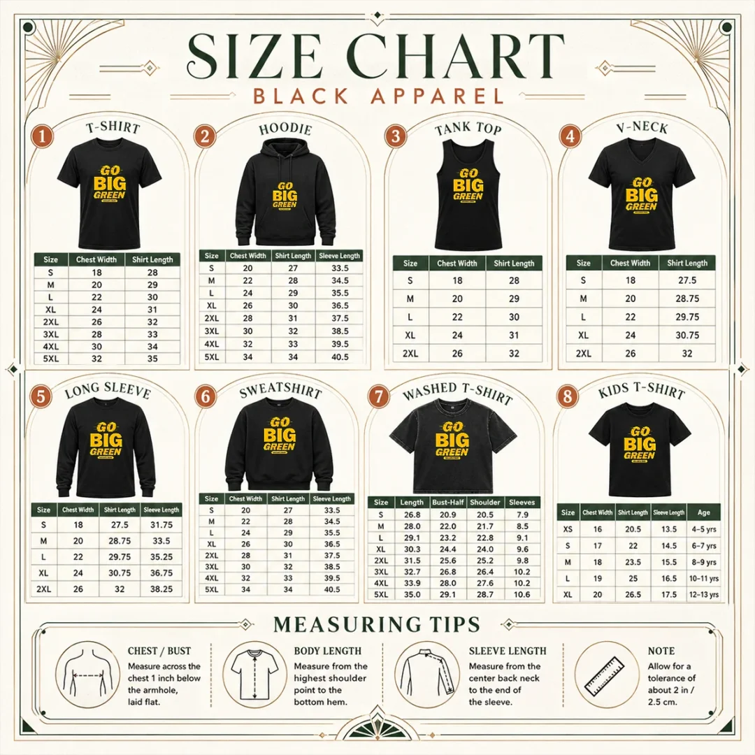 funny-william-and-mary-tribe-go-big-green-size-chart Funny William And Mary Tribe Go Big Green Shirt - Image 4