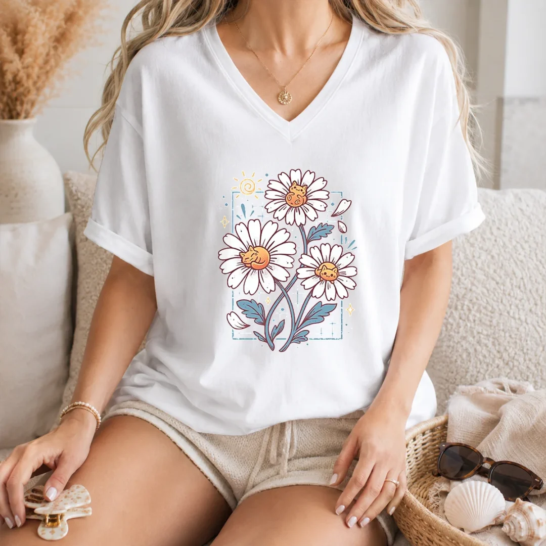 funny-with-cat-daisies-v-neck-shirt Funny With Cat Daisies V-Neck Shirt