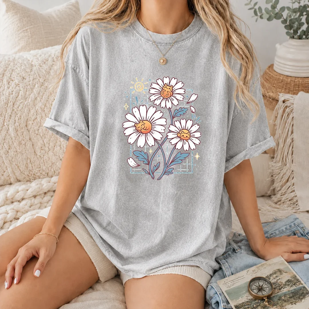 funny-with-cat-daisies-washed-t-shirt Funny With Cat Daisies Washed T-Shirt