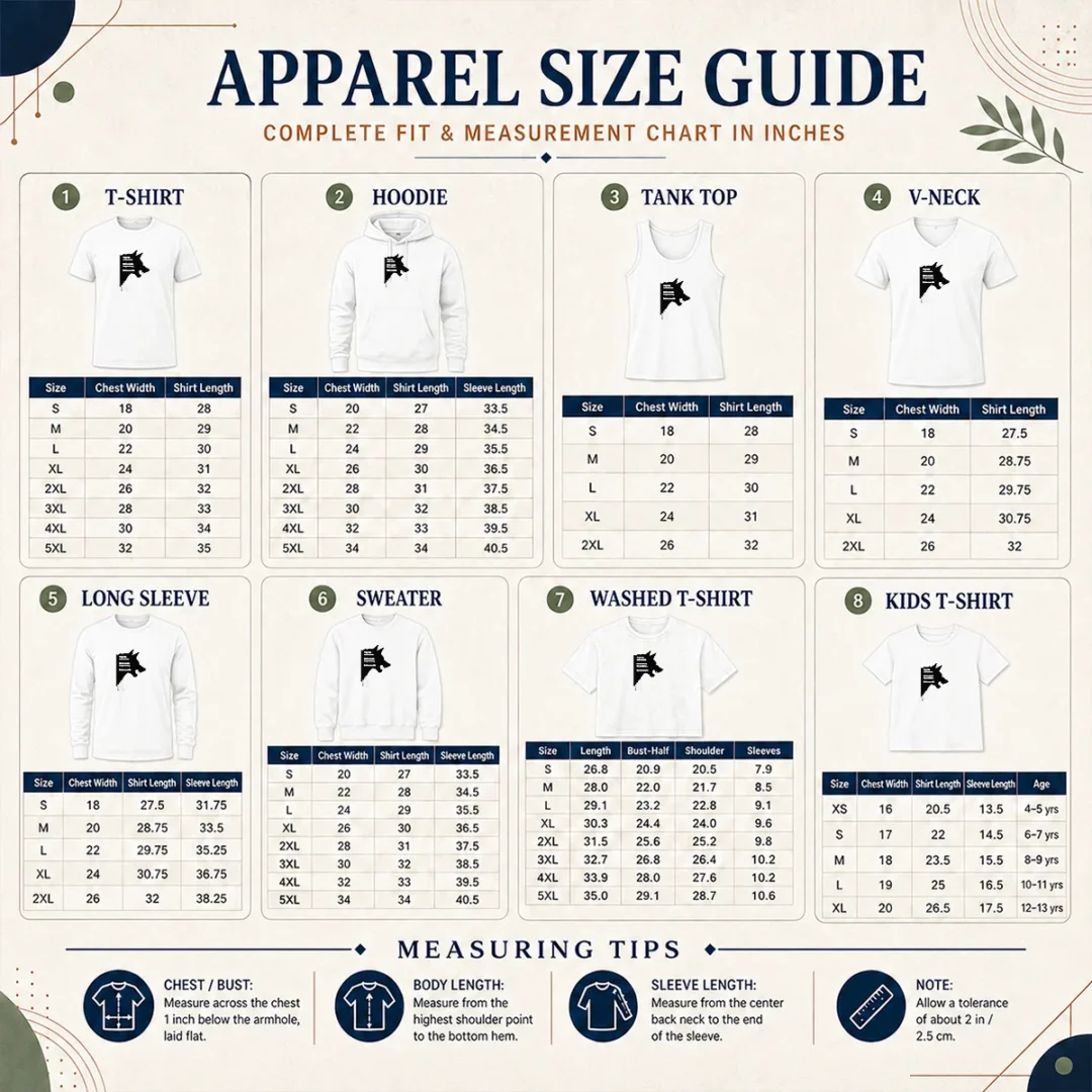 Funny Wolf Then The Wolf Arrives Not To Create The Problem But To Reveal It Size Chart Size chart for Funny Wolf Then The Wolf Arrives Not To Create The Problem But To Reveal It with measurements in inches and cm