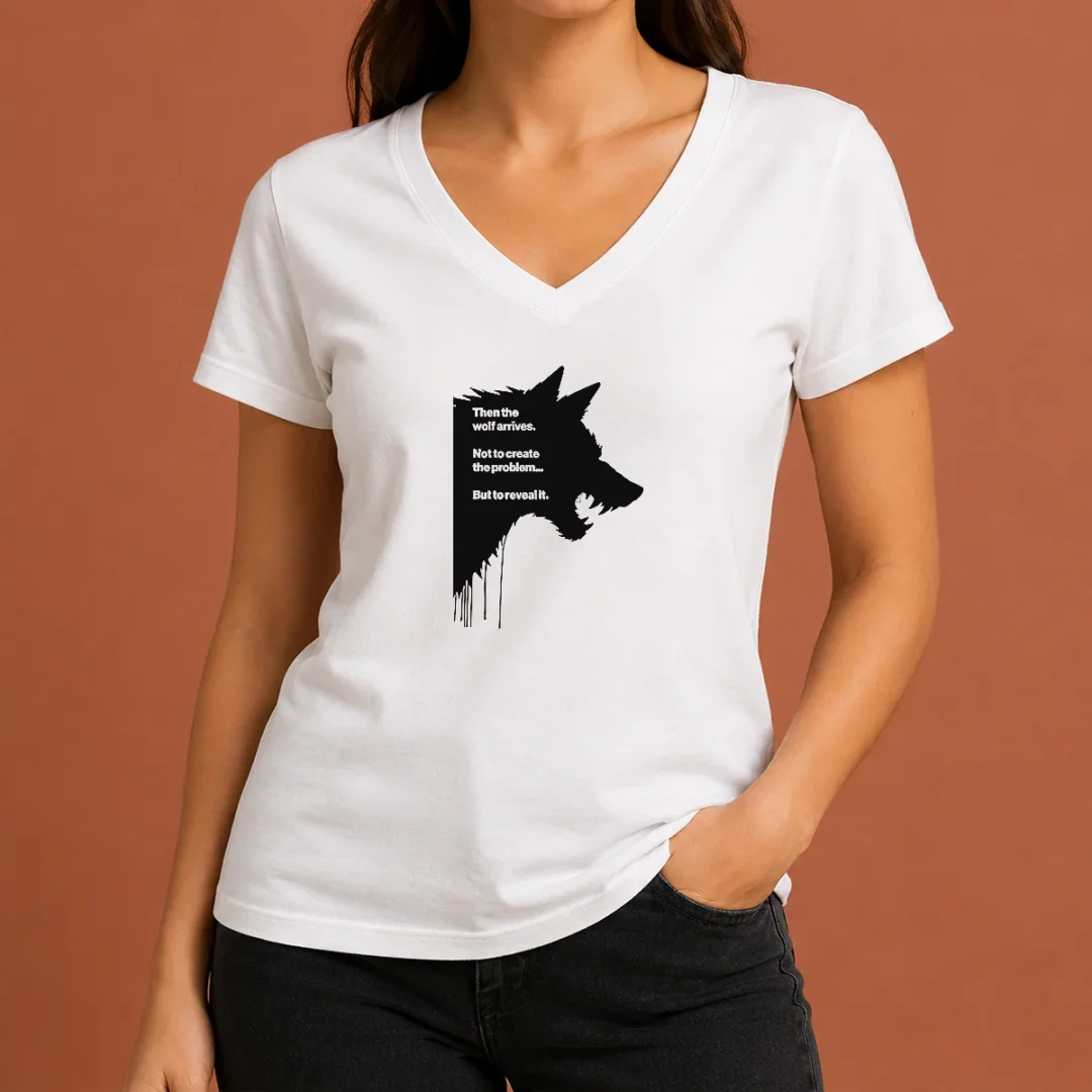 Funny Wolf Then The Wolf Arrives Not To Create The Problem But To Reveal It V Neck Shirt Funny Wolf Then The Wolf Arrives Not To Create The Problem But To Reveal It V Neck Shirt in charcoal grey with bold white text design