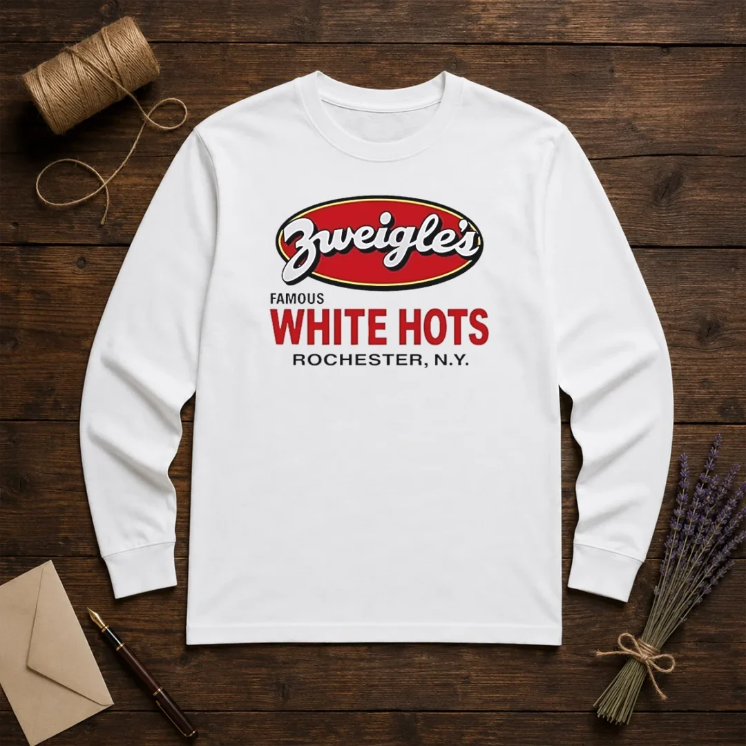 funny-zweigle-s-famous-white-hots-rochester-ny-long-sleeve-shirt-1 Funny Zweigle'S Famous White Hots Rochester NY long sleeve shirt in white with bold graphic print