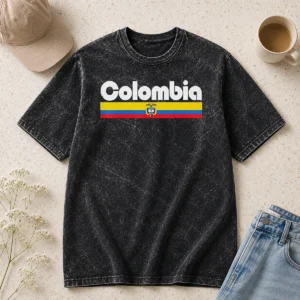 Pretty Colombia Flag Colombian Pride South America Washed T Shirt showing vibrant flag colors on soft cotton fabric