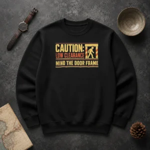 Original Premium Caution Low Clearance Mind The Door Frame Sweater in black with bold yellow caution text across the chest