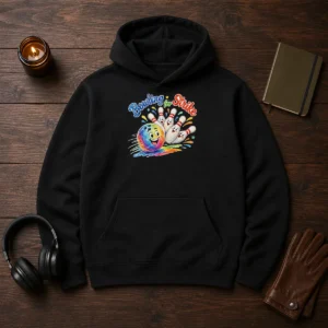 Official Bowling For Strike Watercolor Hoodie in black with colorful bowling ball and pins design