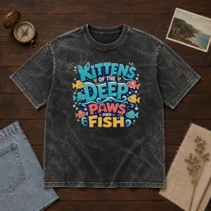 Premium Kittens Of The Deep Paws And Fish Typography on a soft washed t shirt, front view with clear print