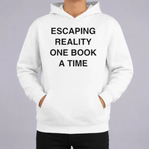 Premium Original Escaping Reality One Book A Time Hoodie in charcoal gray with front pocket and adjustable hood