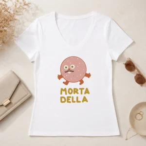 Original Mortadella Food Cartoon Character Salami Meat V Neck Shirt featuring a playful salami meat cartoon on a comfortable V neck garment