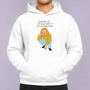 Original Nobody Can Kill Your Vibe If It'S Already Dead Cartoon Man Hoodie in black, front view with vibrant graphic print
