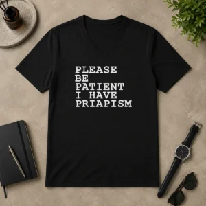 Original Top Please Be Patient I Have Priapism V Neck Shirt featuring a comfortable fitted V neck design