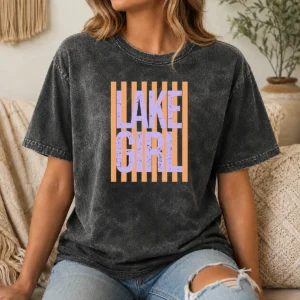 Pretty Retro Stripes Sunshine Lake Girl Washed T-Shirt