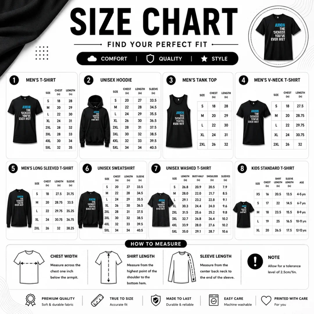 good-amon-the-sickest-you-ve-ever-met-size-chart Size chart for Good Amon The Sickest You'Ve Ever Met with measurements in inches and cm