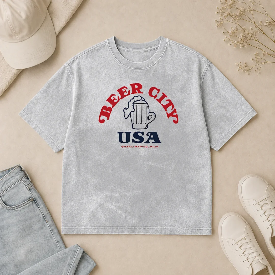 Good Awesome Beer City USA Grand Rapids Michigan Washed T Shirt Good Awesome Beer City USA Grand Rapids Michigan washed t shirt in light gray showing front design