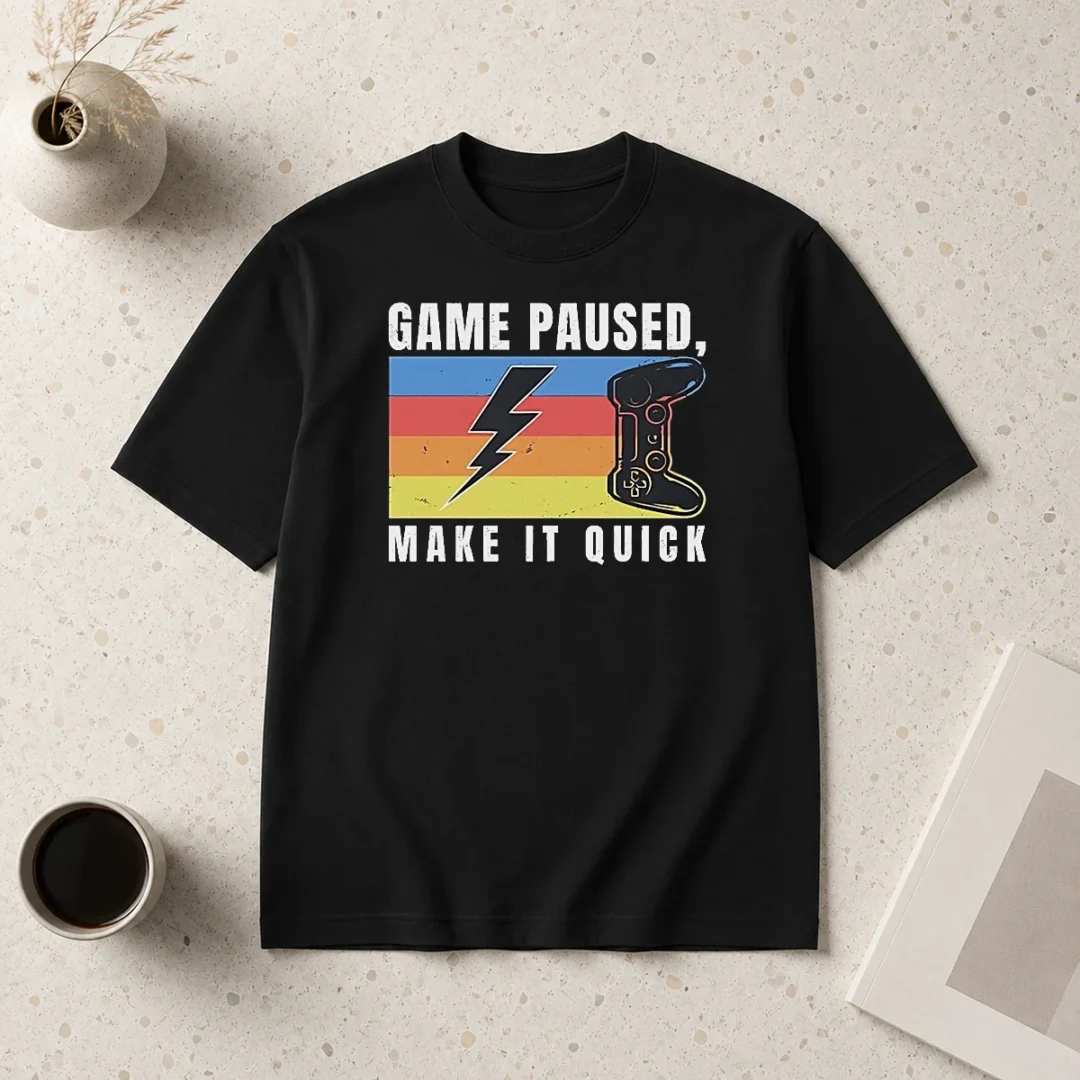 good-awesome-game-paused-make-it-quick-t-shirt Good Awesome Game Paused Make It Quick t shirt in black, short-sleeve casual cotton tee