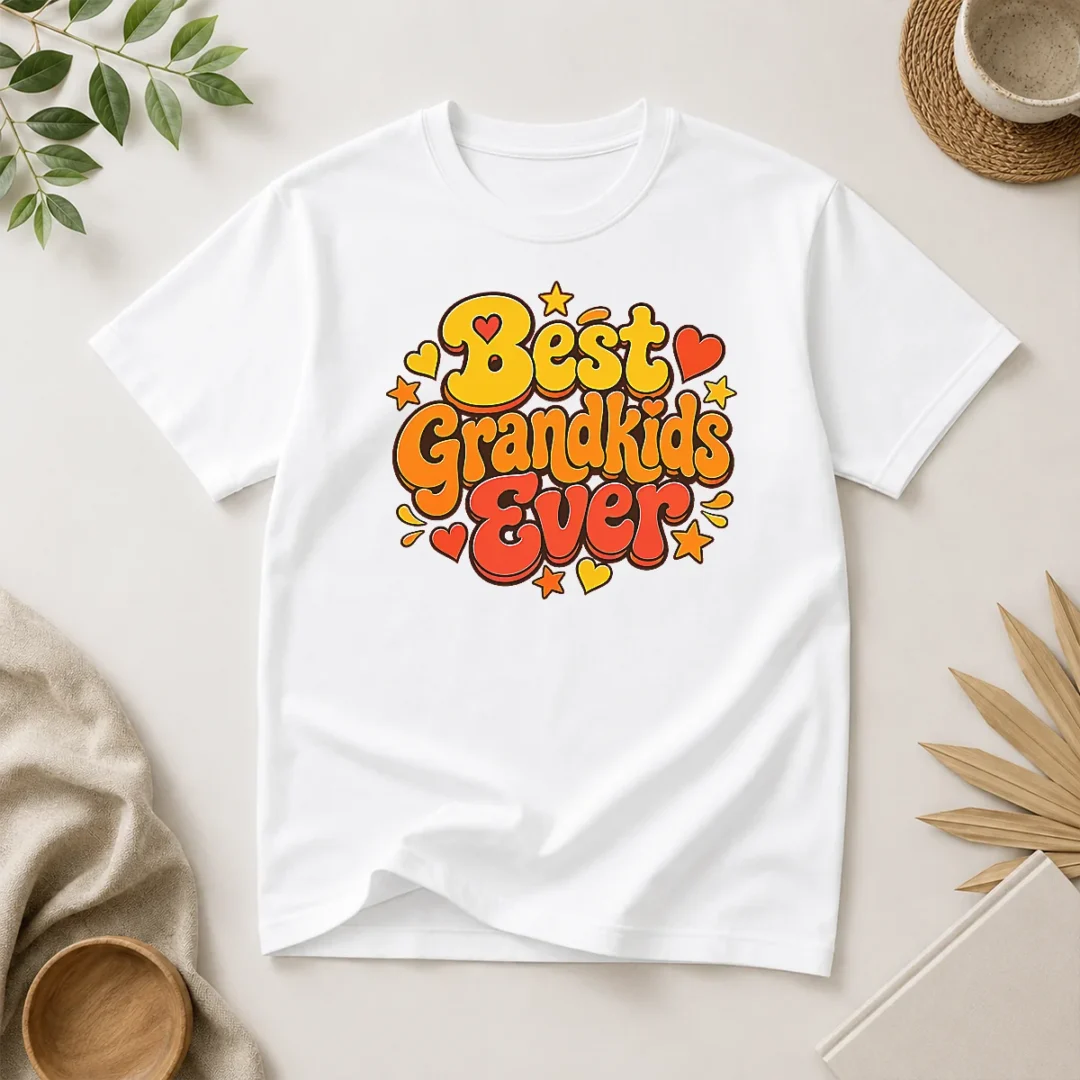 good-awesome-groovy-retro-grandkids-celebration-t-shirt Good Awesome Groovy Retro Grandkids Celebration t shirt with colorful retro text on a white cotton short sleeve tee