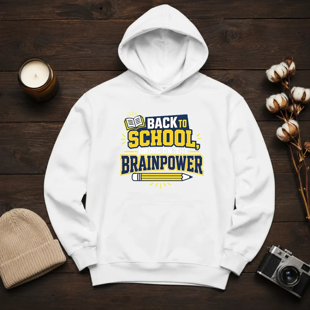 good-back-to-school-brainpower-typography-hoodie Good Back To School Brainpower Typography Hoodie in dark gray with front text design, cozy pullover style