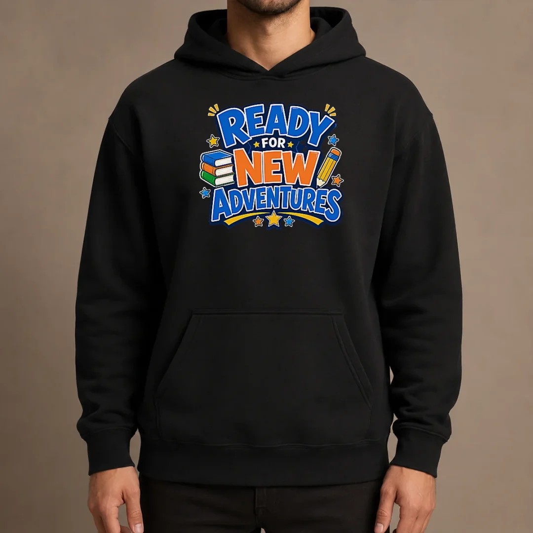 good-back-to-school-excitement-ready-for-new-adventures-silhouett-hoodie Good Back To School Excitement Ready For New Adventures Silhouett Hoodie in black, front view with kangaroo pocket and drawstring hood