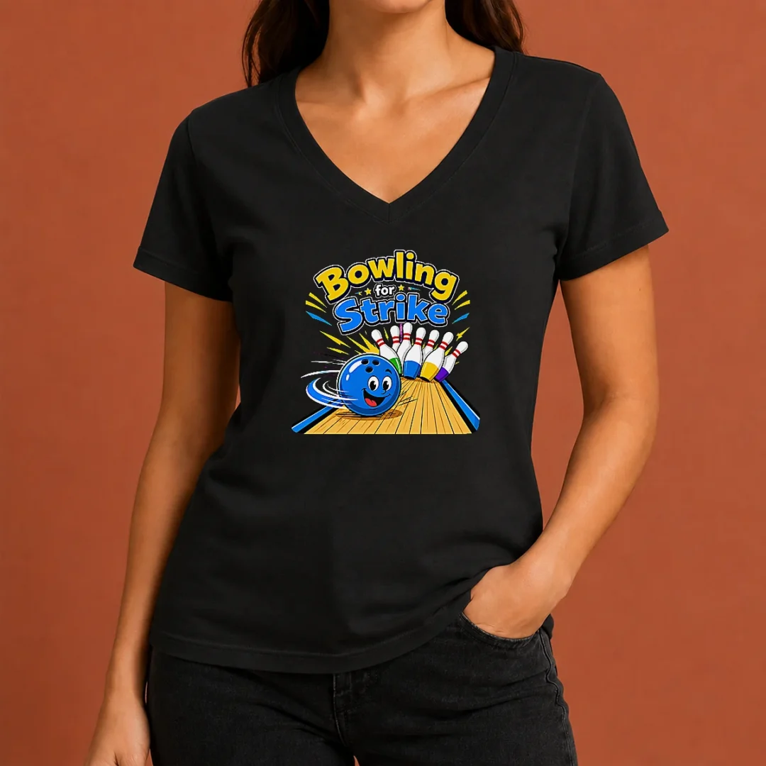 good-bowling-for-strike-fun-vector-v-neck Good Bowling For Strike Fun Vector V Neck Shirt showing front graphic design on a short sleeve v neck tee