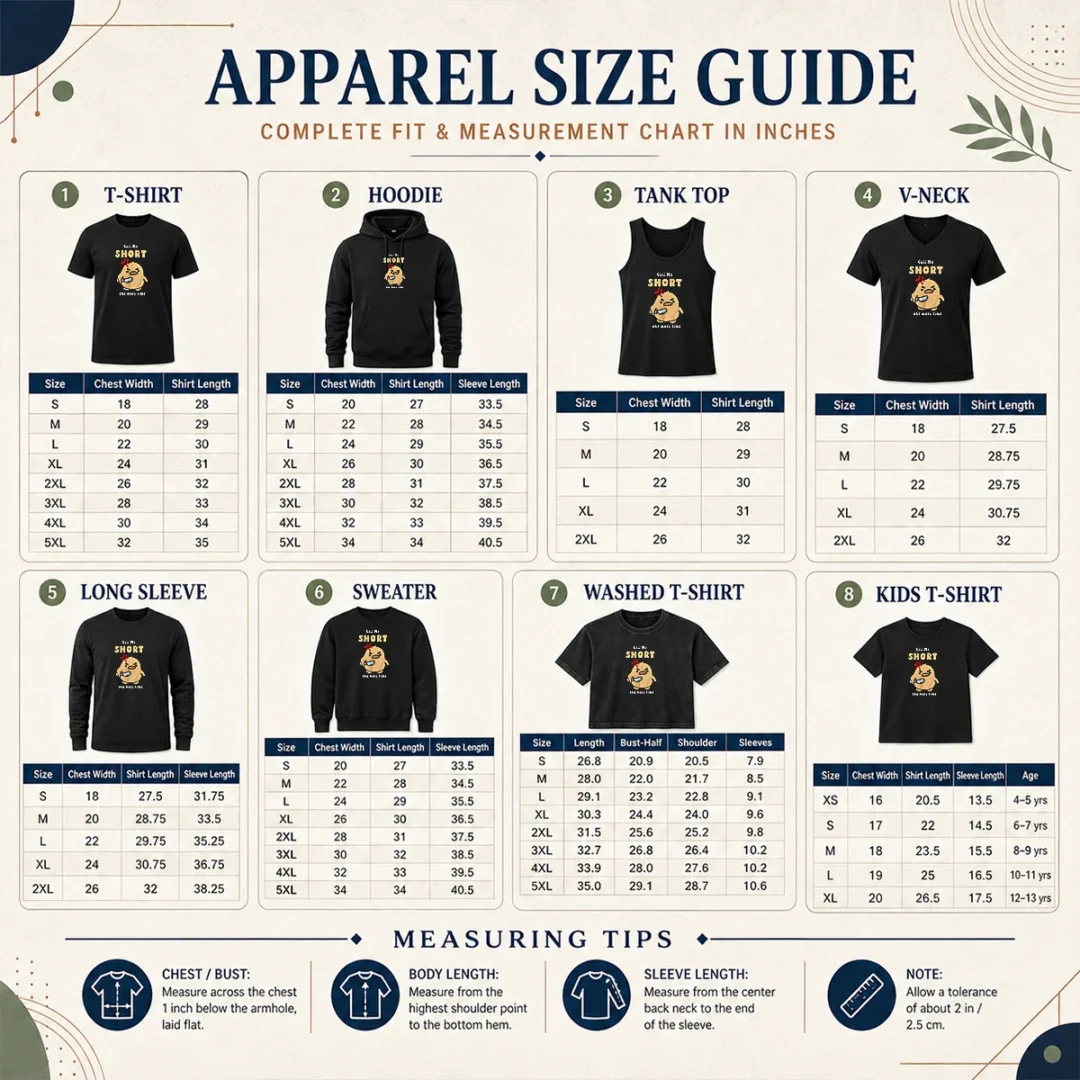 Good Call Me Short One More Time Cute Angry Bird With Knife Size Chart Size chart for Good Call Me Short One More Time Cute Angry Bird With Knife with measurements in inches and cm