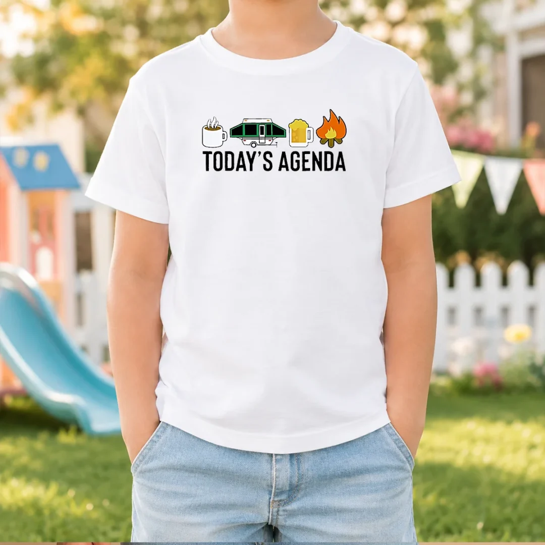 good-camping-coffee-pop-up-camper-beer-campfire-today-s-agenda-kids-t-shirt Good Camping Coffee Pop Up Camper Beer Campfire Today'S Agenda Kids T-Shirt