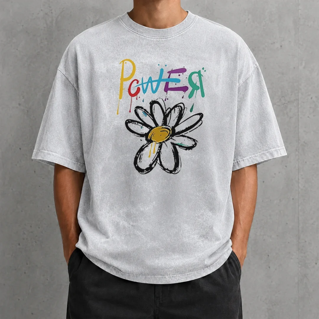 good-dragon-power-world-tour-flower-handraw-washed-t-shirt Good Dragon Power World Tour Flower Handraw Washed T Shirt showing front print on soft cotton fabric
