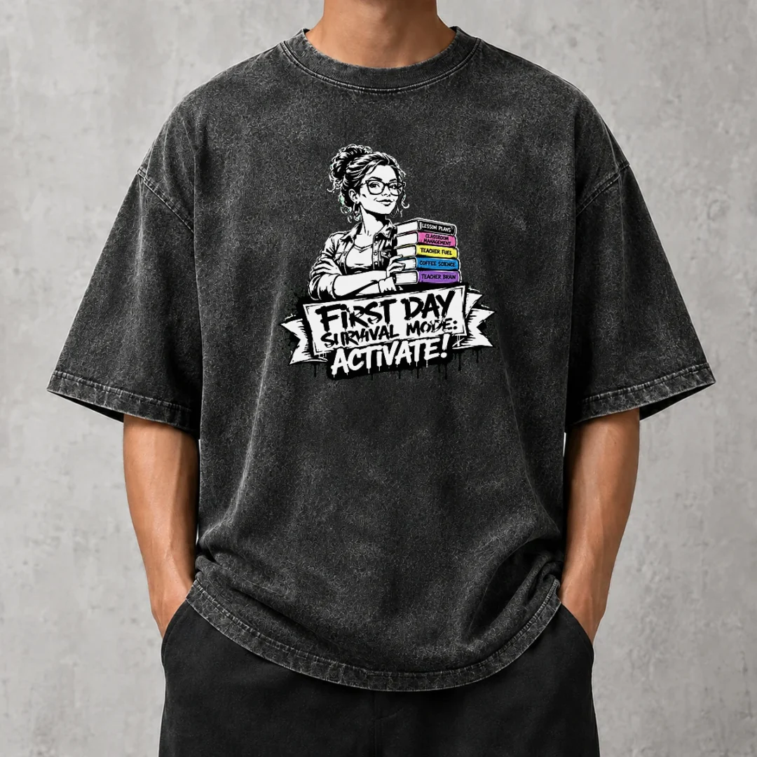 good-first-day-school-teacher-stencil-washed-t-shirt Good First Day School Teacher Stencil printed on a soft washed t shirt in a relaxed fit
