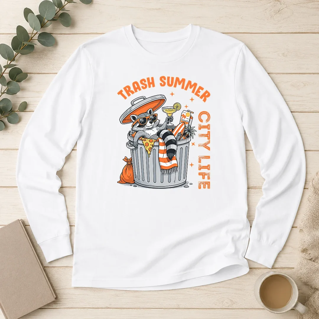good-funny-trash-summer-city-life-raccoon-long-sleeve-shirt Good Funny Trash Summer City Life Raccoon Long Sleeve Shirt featuring a playful raccoon graphic on comfortable long sleeve fabric