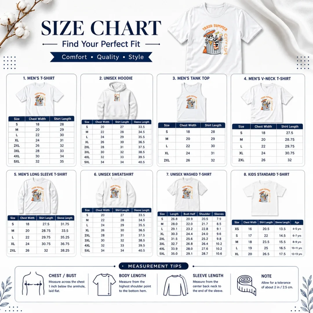 good-funny-trash-summer-city-life-raccoon-size-chart Size chart for Good Funny Trash Summer City Life Raccoon with measurements in inches and cm