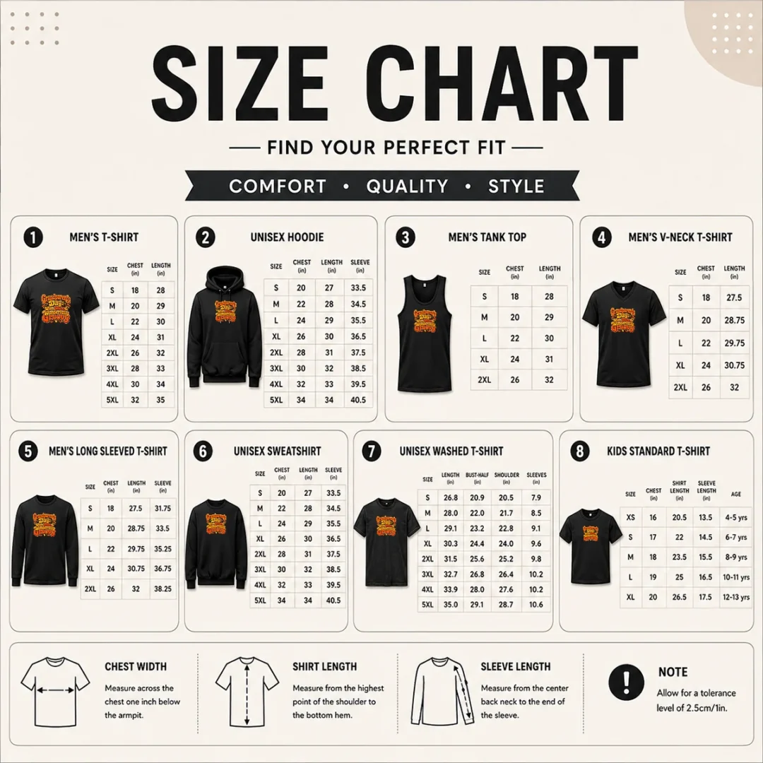good-grandparents-day-groovy-retro-tee-celebrating-warmth-wisdom-size-chart Size chart for Good Grandparents Day Groovy Retro Tee with measurements in inches and cm