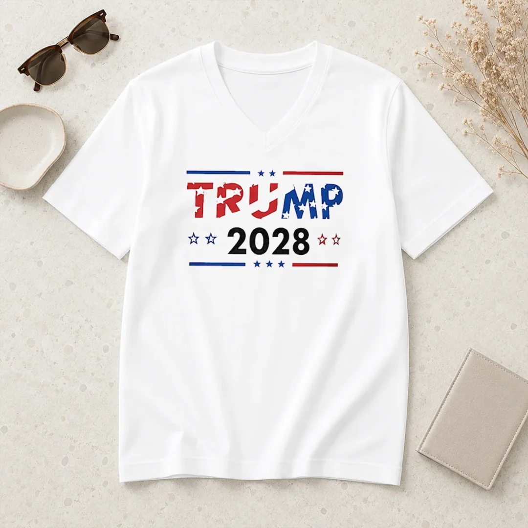 good-happy-trump-2028-patriotic-stars-and-stripes-v-neck-shirt Good Happy Trump 2028 Patriotic Stars And Stripes V-Neck Shirt